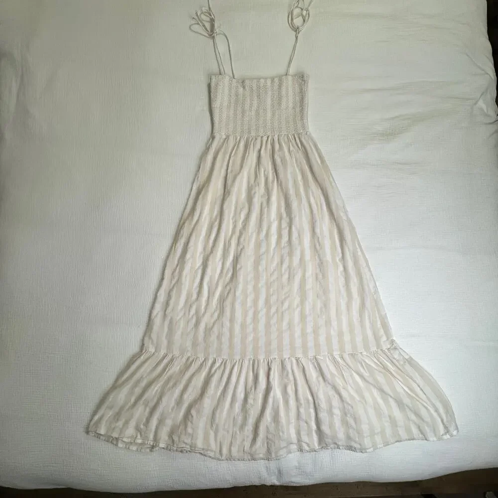 Boohoo Smocked Striped Sundress Maxi Cotton Women’s 6 Tiered Coastal Cottagecore - Picture 13 of 16